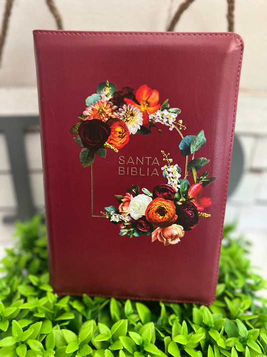 Nueva Biblia para Mujeres Reina Valera 1960 Letra Gigante de 14 Puntos Tamano Manual con Cierre y Indice Semil Piel Granada con flores Edicion Limitada