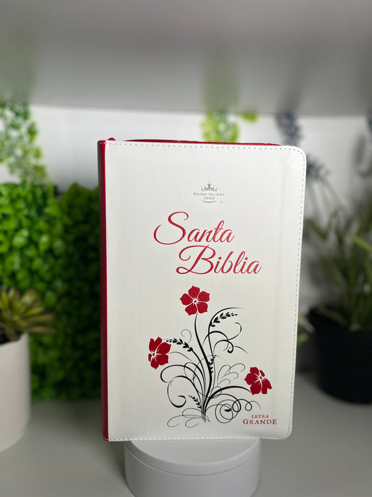 Biblia para Mujeres Letra Grande 12 puntos con cierre y canto floral RV1960 roja floral
