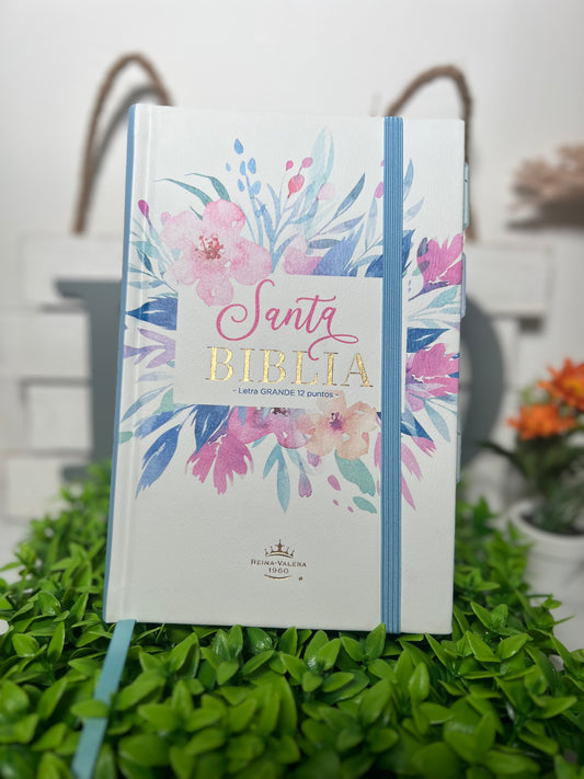 Biblia RVR 1960 Letra Grande 12.5 puntos Tamaño Manual Tapa Dura con Elástico Flores Azul