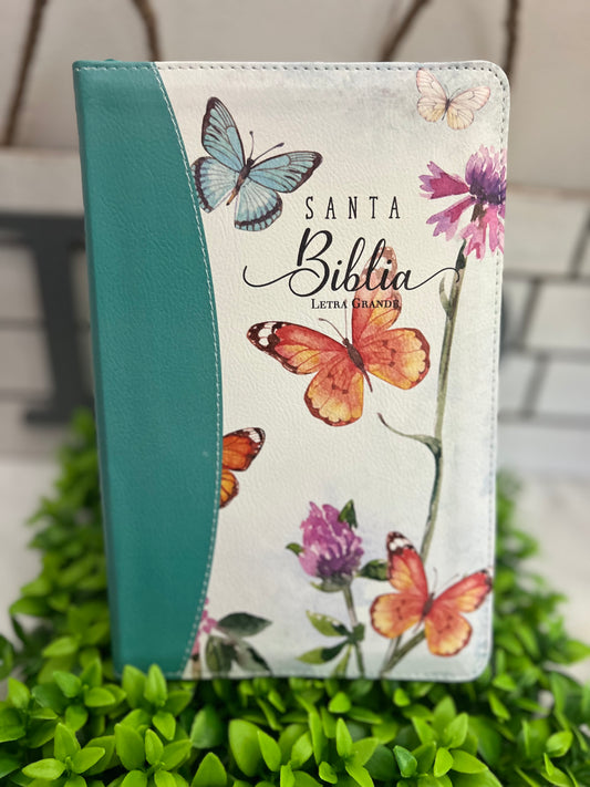Biblia reina Valera 1960 de Mariposa  color turquesa tamaño manual letra grande de 12 puntos