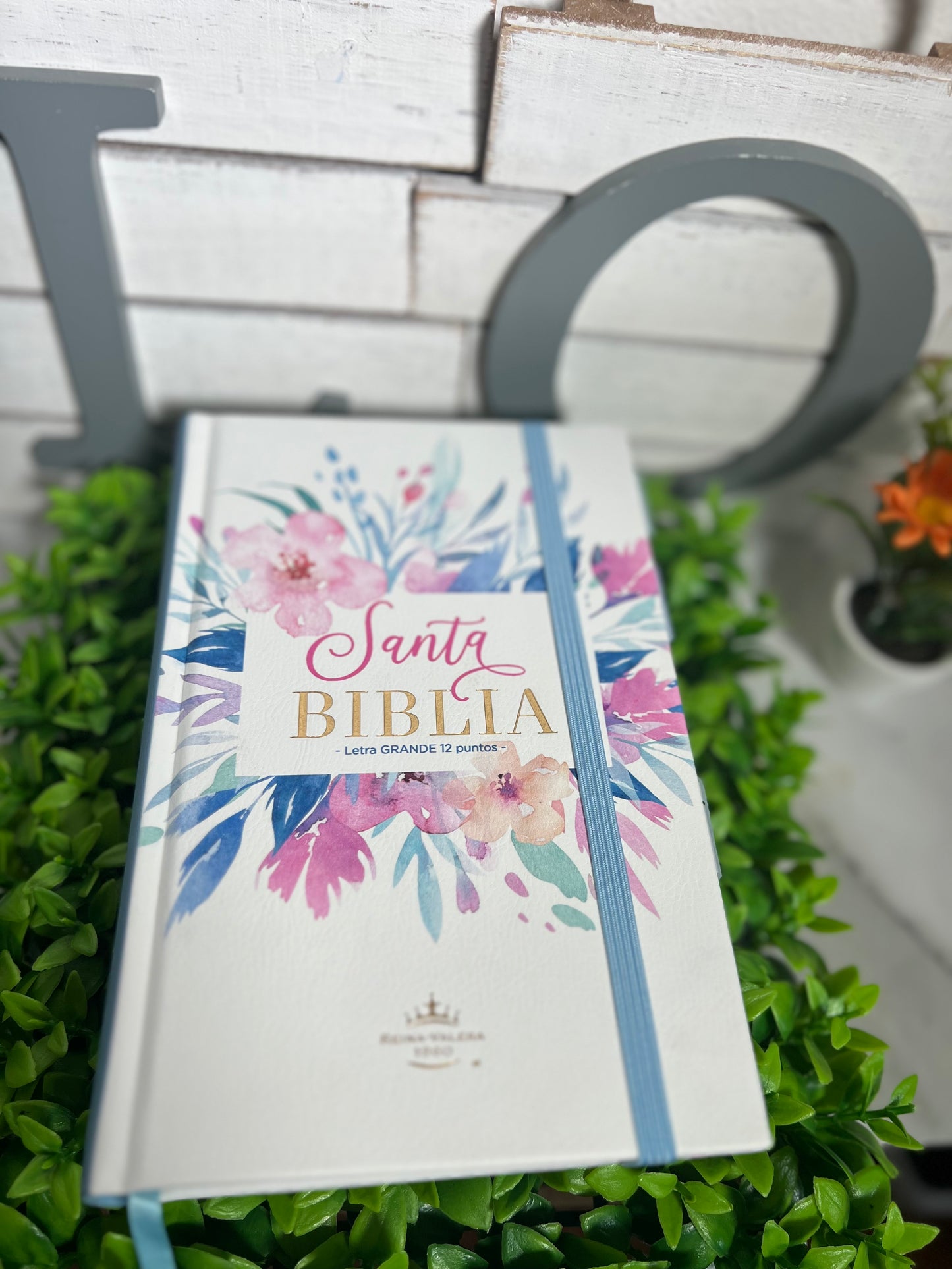 Biblia RVR 1960 Letra Grande 12.5 puntos Tamaño Manual Tapa Dura con Elástico Flores Azul