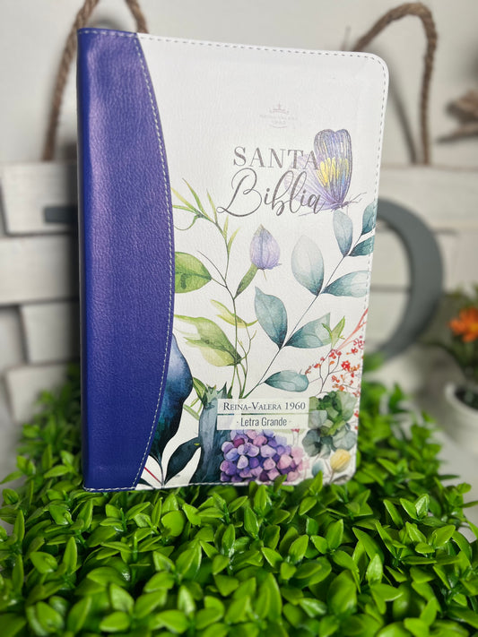 Biblia para Mujeres Letra Grande 12 puntos con cierre y canto floral RV1960 jardin purpura floral con indice